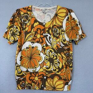 VTG Evie Silk Blend Knit Cardigan Size PM Psychedelic 70s Floral Print Retro Mod